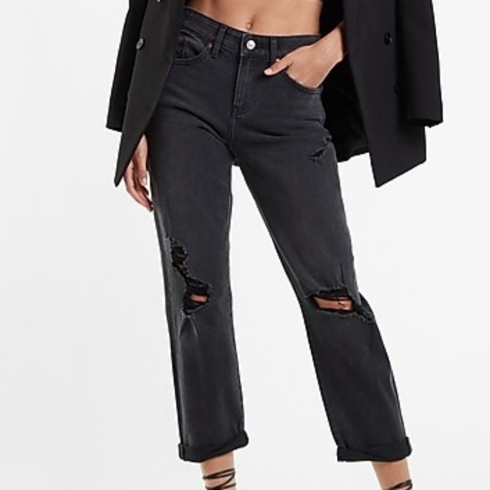 Express Black Mid Rise Black Ripped Distressed Rolled Hem Boyfriend Jeans Size 2